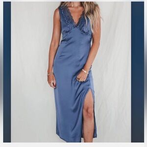 Sage Midnight Blue Lace Trim Dress